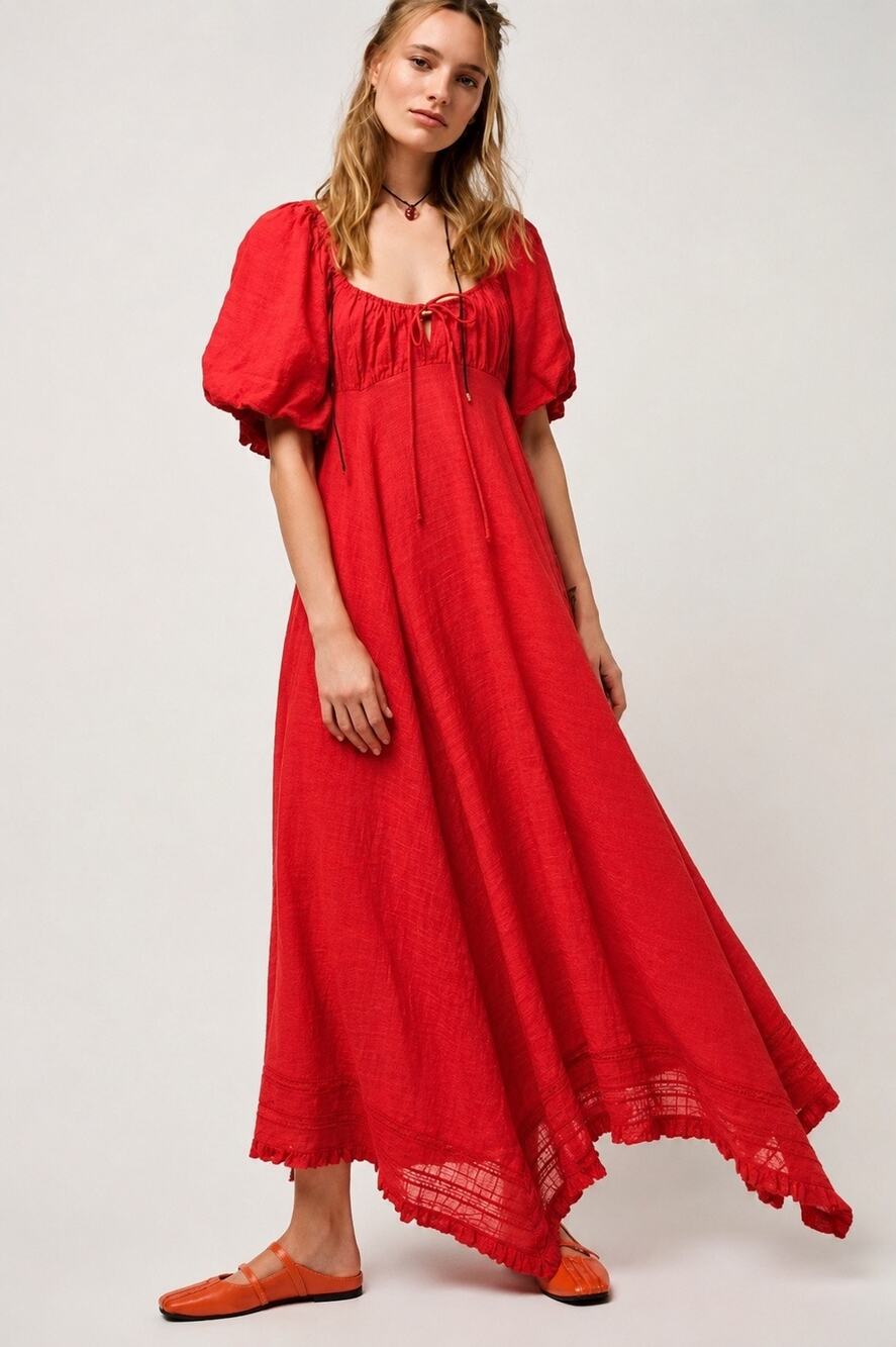 Free People On My Level Red Puff Sleeve Maxi Dress
